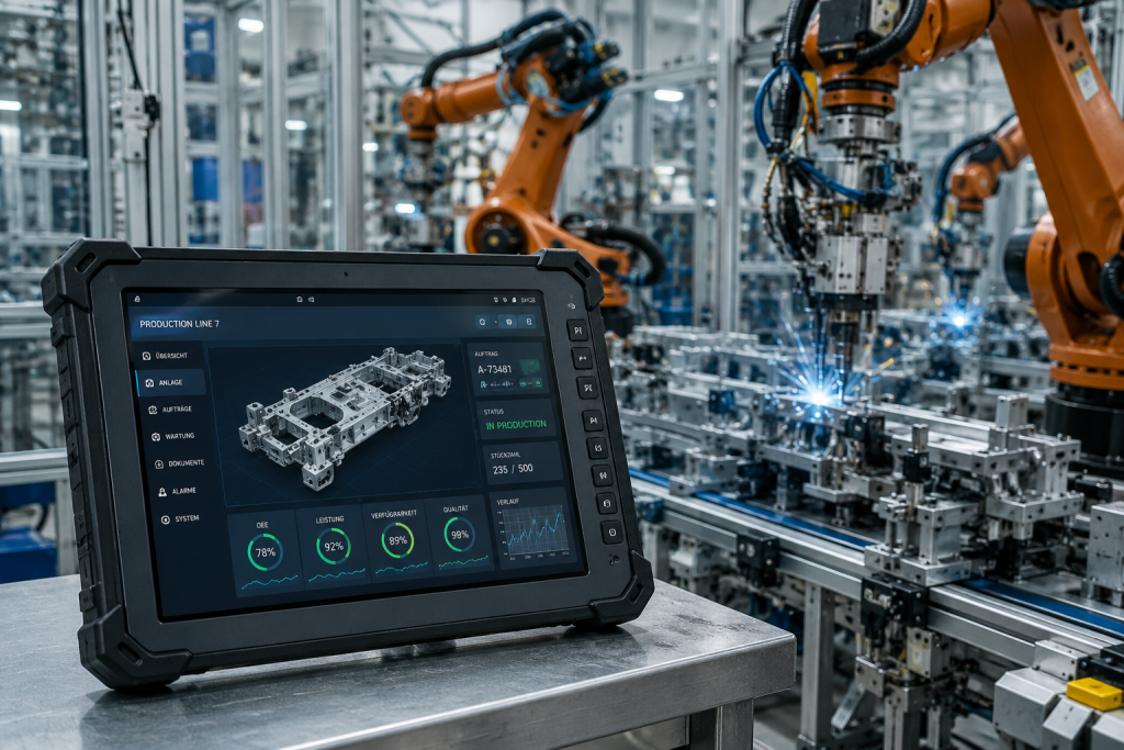 Konzept3 IT liefert auch Hardware für Produktion und Ausseneinsätze, wie das Rugged Tablet in einer Industrieumgebung