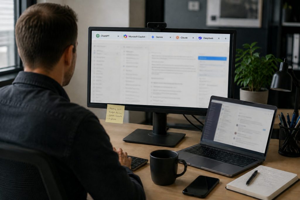 Schatten-KI: Ein Mitarbeiter sitzt an seinem Arbeitsplatz und hat verschiedene KI-Tools in seinem Browser geöffnet. Die Frage ist, ob der Arbeitgeber diese genehmigt hat.