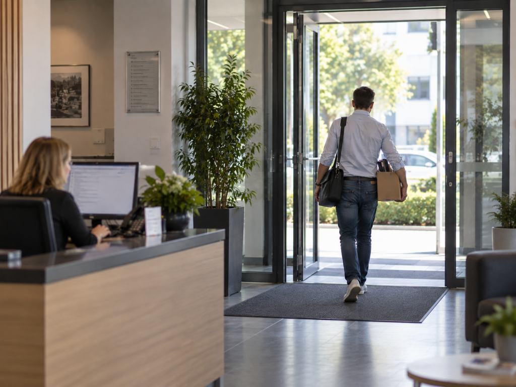 Interner IT-Verantwortlicher verlässt ein Unternehmen mit Laptop-Tasche und persönlichen Sachen