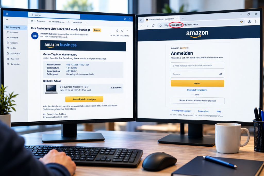 Typisch für Phishing-Angriffe: Eine Phishing-Mail mit einer Fake-Bestellung führt auf eine gefälschte Anmeldeseite.