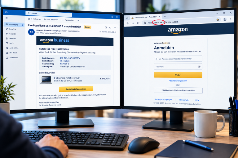 Typisch für Phishing-Angriffe: Eine Phishing-Mail mit einer Fake-Bestellung führt auf eine gefälschte Anmeldeseite.