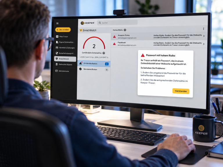 Ein Mitarbeiter sieht im Passwortmanagement-System. dass eines seiner Passwörter gestohlen wurde und ändert es sofort im System.