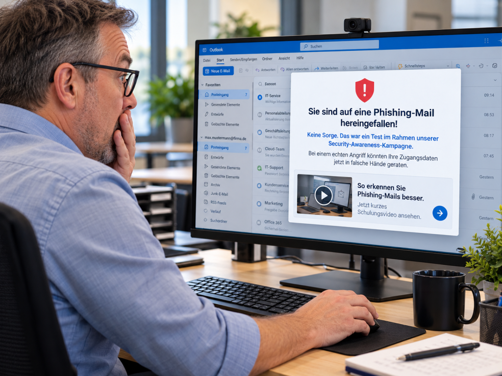 Awareness-Test für Phishing-Angriffe von KONZEP3 IT. Ein Mitarbeiter bekommt die Meldung, dass er auf eine Phishingmail hereingefallen ist.